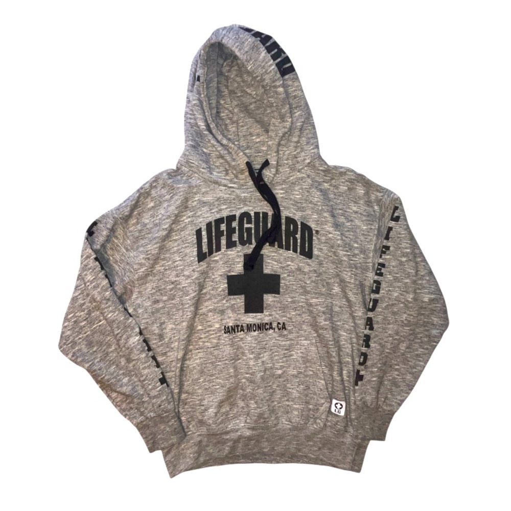 Lifeguard Santa Monica Ca Hooded Pullover Sweatshirt Grey And Black Unisex Lrg